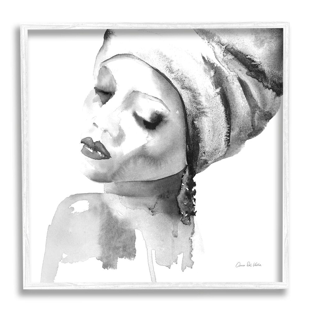 7042 with Headwrap Tranquil Black White Watercolor Portrait